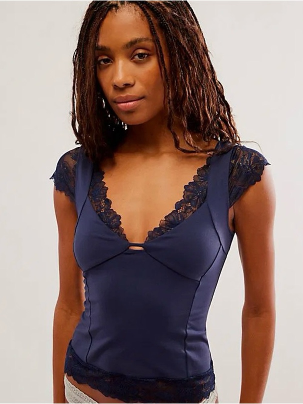 NWOT Intimately Free People Navy Lace-Trim Fitted Tee Size S
